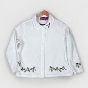 Northcrest Holiday Lodge Women’s Fleece Sweater Size XL White Mistletoe VTG